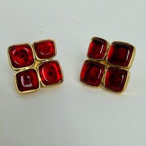 Vintage Chanel Red Gripoix Earrings 24K Gold Plated